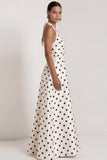 Halter White Black Polka Dot A Line Formal Dress