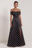 Off the Shoulder Black White Polka Dot A Line Maxi Formal Dress