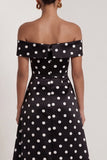 Off the Shoulder Black White Polka Dot A Line Maxi Formal Dress