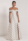 Off the Shoulder Black White Polka Dot A Line Maxi Formal Dress