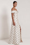 Off the Shoulder Black White Polka Dot A Line Maxi Formal Dress
