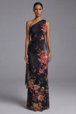 One Shoulder Cut Out Printed Ivory Maxi Formal Dress