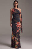 Floral Asymmetrical Neck Black Mermaid Ruched Formal Dress