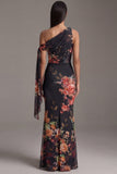 Floral Asymmetrical Neck Black Mermaid Ruched Formal Dress