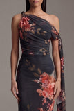 Floral Asymmetrical Neck Black Mermaid Ruched Formal Dress
