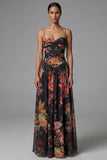 Black A Line Printed Ruched Maxi Formal Dress