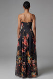 Black A Line Printed Ruched Maxi Formal Dress