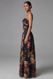 Black A Line Printed Ruched Maxi Formal Dress