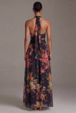 Halter Black A Line Printed Ruched Formal Dress