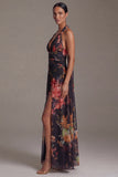 Halter Black A Line Printed Ruched Formal Dress
