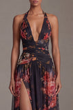 Halter Black A Line Printed Ruched Formal Dress