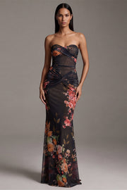 Strapless Ruched Black Mermaid Floral Formal Dress