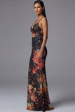 Mermaid Ruched Black Cut Out Floral Formal Dress