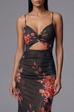 Mermaid Ruched Black Cut Out Floral Formal Dress