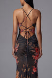 Mermaid Ruched Black Cut Out Floral Formal Dress