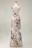 Ivory Ruched A Line Printed Maxi Formal Dress