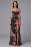 Ivory Ruched Printed A Line Maxi Formal Dress