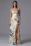 Ivory Ruched Printed A Line Maxi Formal Dress