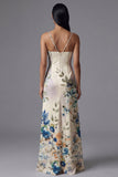 Ivory Ruched Printed A Line Maxi Formal Dress