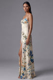 Ivory Ruched Printed A Line Maxi Formal Dress