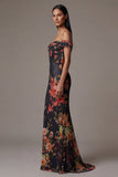 Off the Shoulder Cut Out Mermaid Black Floral Formal Dress