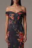 Off the Shoulder Cut Out Mermaid Black Floral Formal Dress