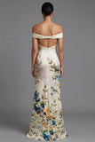 Off the Shoulder Mermaid Cut Out Ivory Printed Formal Dress