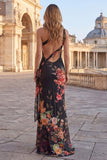 One Shoulder Cut Out Black Floral Mermaid Formal Dress