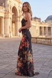 One Shoulder Cut Out Black Floral Mermaid Formal Dress