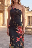 One Shoulder Cut Out Black Floral Mermaid Formal Dress
