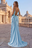 Sky Blue Mermaid Ruched Maxi Prom Dress with Streamer