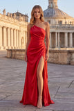 Pink Mermaid One Shoulder Satin Cut Out Maxi Prom Dress
