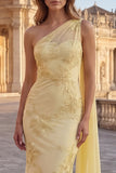 One Shoulder Mermaid Yellow Appliqued Prom Dress with Streamer