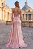 Pink Corset Mermaid Appliqued Prom Dress with Side Cape