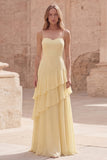 Yellow A Line Ruffled Maxi Prom Dress