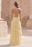 Yellow A Line Ruffled Maxi Prom Dress