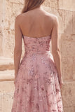 Strapless Blush Appliqued A Line Ruched Prom Dress