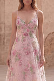 Floral Pink Sequin A Line Maxi Prom Dress