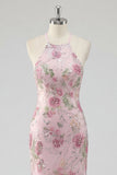 Halter Floral Pink Sequin Mermaid Maxi Prom Dress