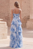 Tiered Blue Floral Corset Maxi Prom Dress