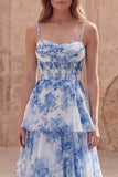 Tiered Blue Floral Corset Maxi Prom Dress
