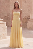 Strapless Yellow A Line Appliqued Maxi Prom Dress