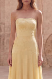 Strapless Yellow A Line Appliqued Maxi Prom Dress