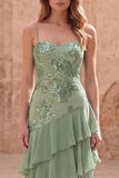 Sage Green Ruffled A Line Appliqued Maxi Prom Dress