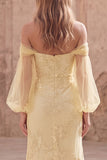 Off the Shoulder Yellow Mermaid Appliqued Maxi Prom Dress