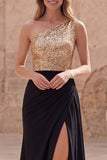 Gold and Black One Shoulder Sequin Maxi Prom Dress