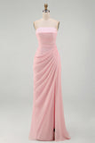 Light Pink Strapless Ruched Sheath Prom Dress with Slit