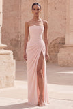 Light Pink Strapless Ruched Sheath Prom Dress with Slit