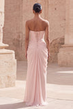 Light Pink Strapless Ruched Sheath Prom Dress with Slit