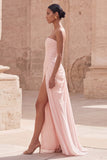 Light Pink Strapless Ruched Sheath Prom Dress with Slit